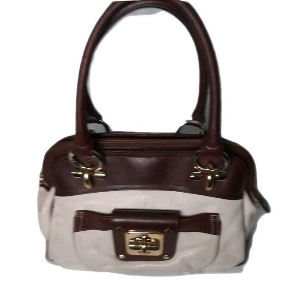 B.Makowsky Leather Handbag Purse Cream & Brown Color Block Satchel